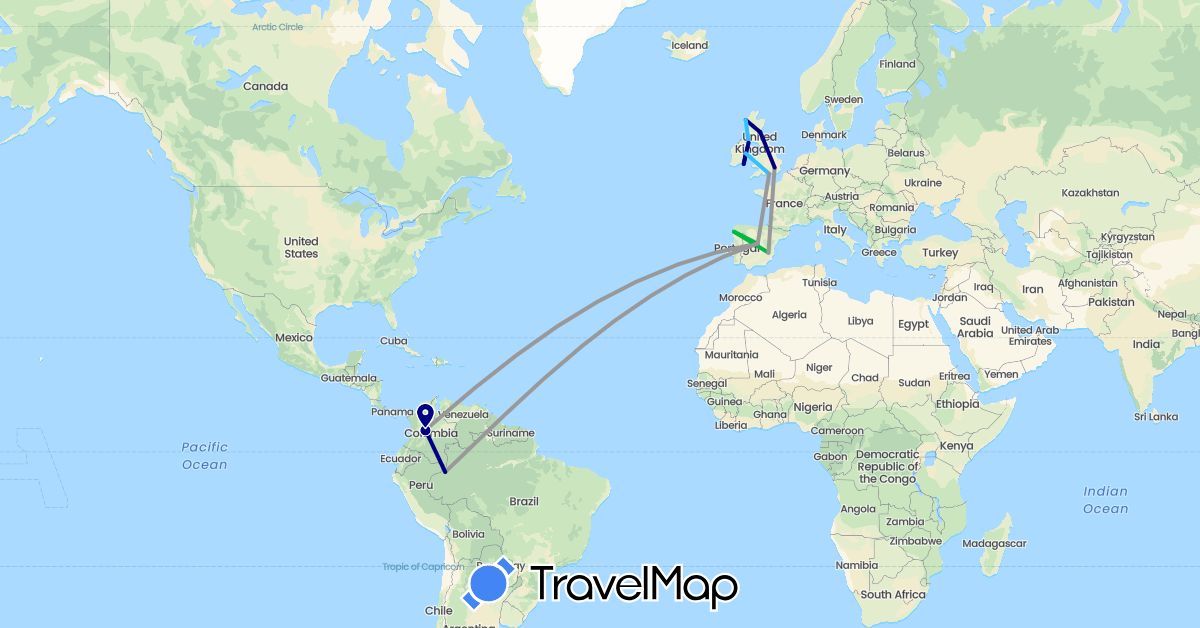 TravelMap itinerary: driving, bus, plane, boat in Colombia, Spain, United Kingdom, Ireland (Europe, South America)